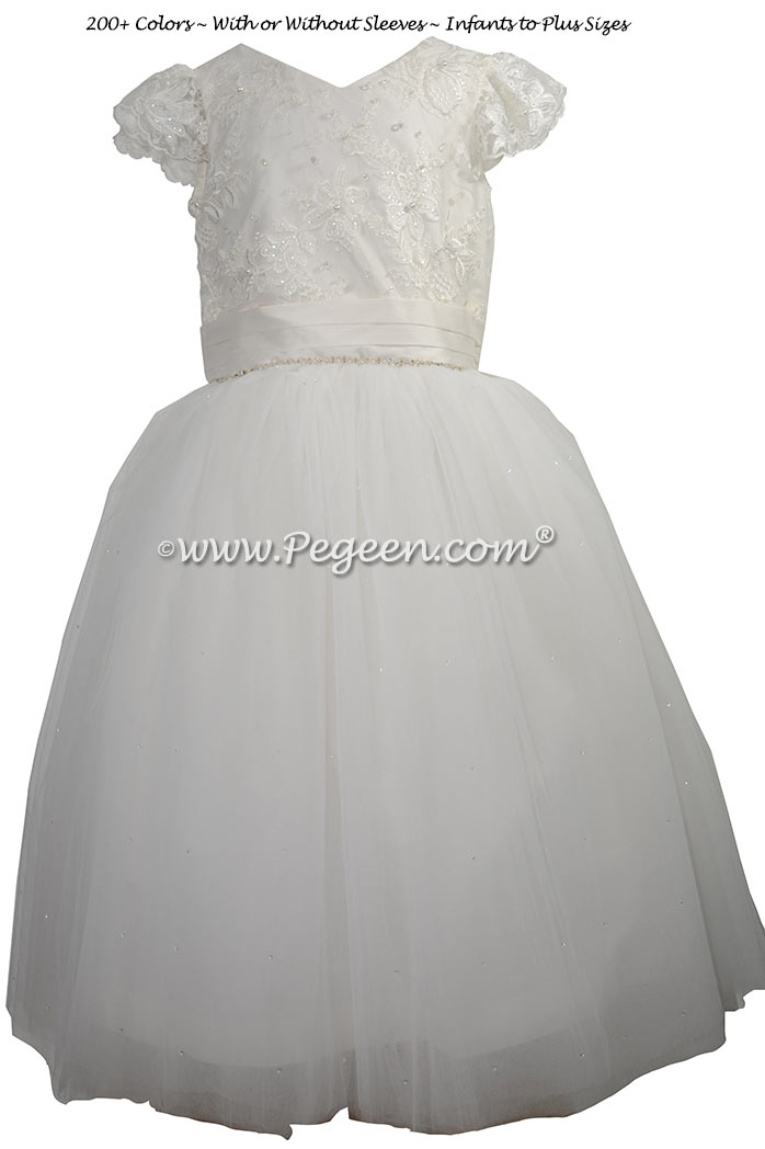 White Silk First Communion Dress with lace and flowers Style 966