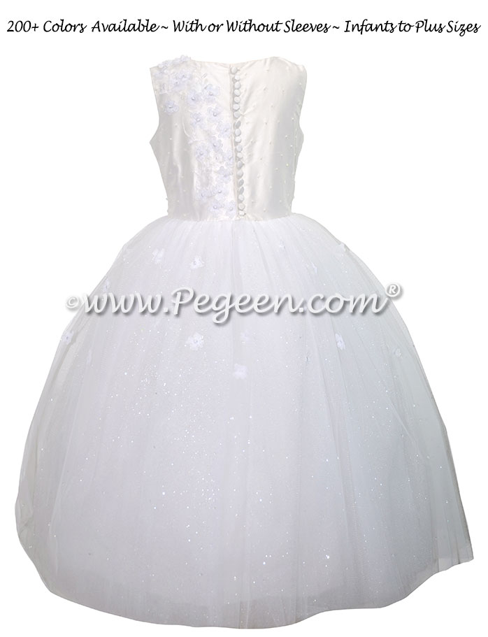 White Silk First Communion Dress with flowers and crystals Style 970