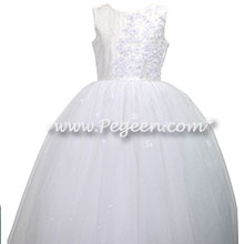 White Silk First Communion Dress with flowers and crystals