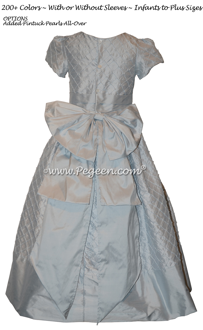 Baby Blue Pin Tucks and Pearls Custom Silk Flower Girl Dress