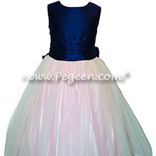 Navy and Hibiscus Pink flower girl dress with navy tulle Style 356