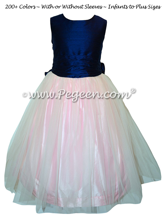 Navy and Pink flower girl dress with navy tulle Style 356