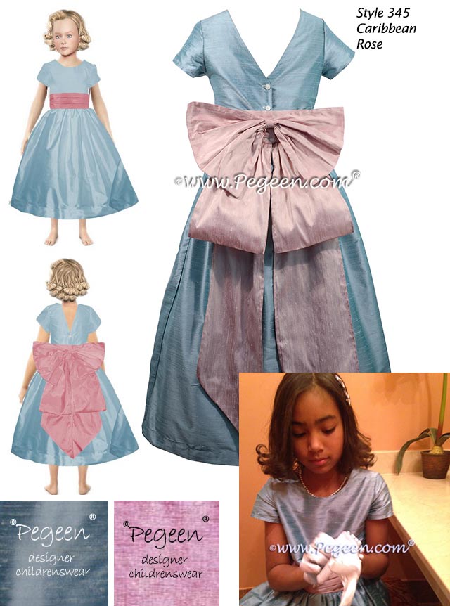 Caribbean blue and rose pink silk Jr Bridesmaid's dress