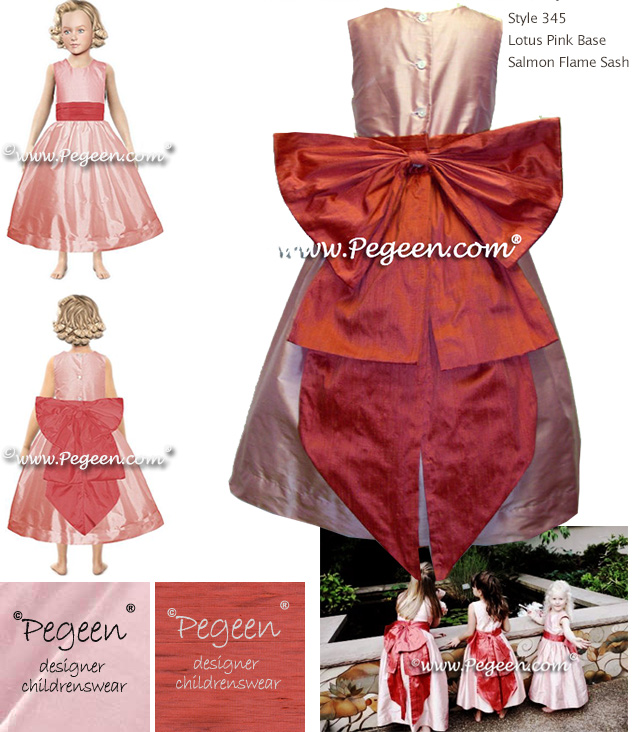 Coral and pink silk flower girl dress with Cinderella Sash 