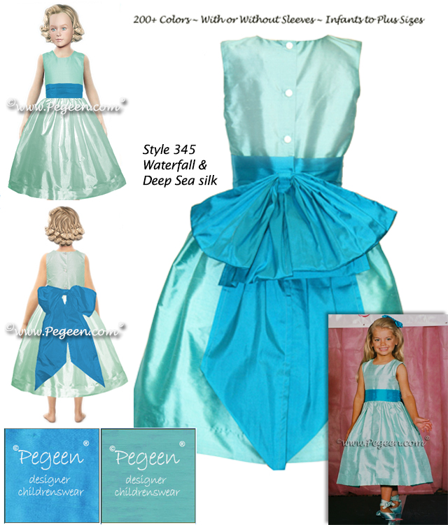 Style 345 pageant dress in Tiffany blue and turquoise with Cinderella Bow