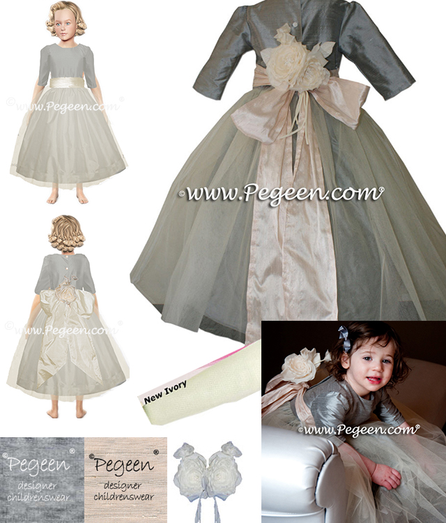 Style 356 gray and champagne silk and tulle flower girl dress with back flower