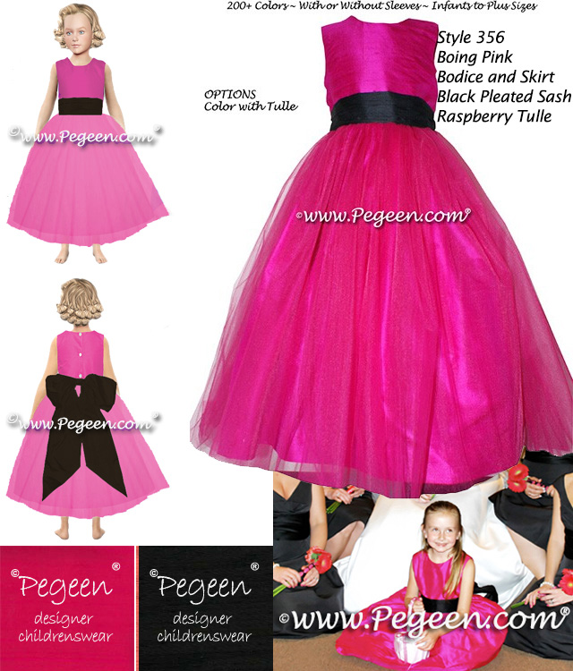 Hotpink and black silk and tulle flower girl dress