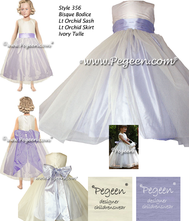 Lilac and ivory silk flower girl dresses with tulle skirt
