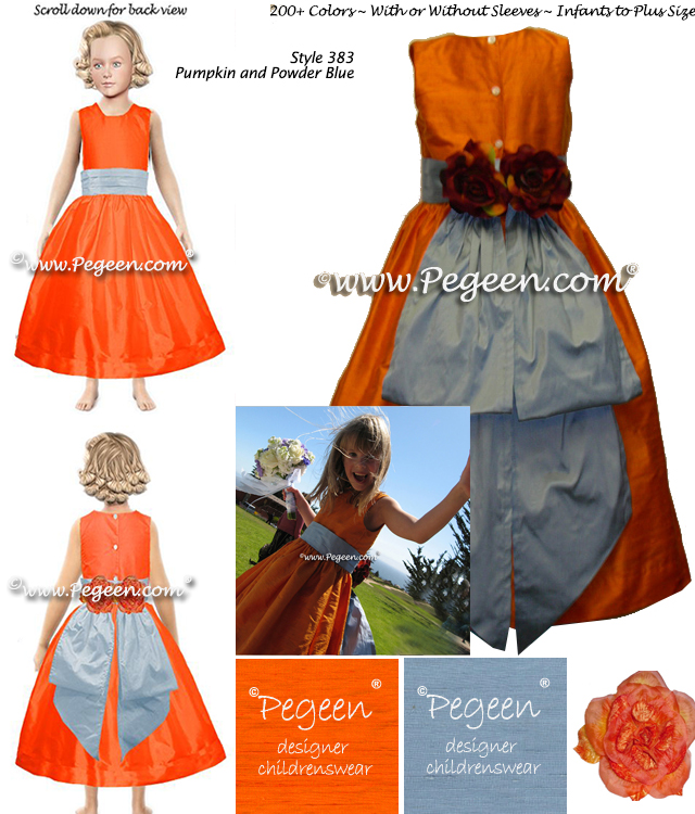 Tangerine Orange and Powder Blue Silk Custom Flower Girl Dress Style 383