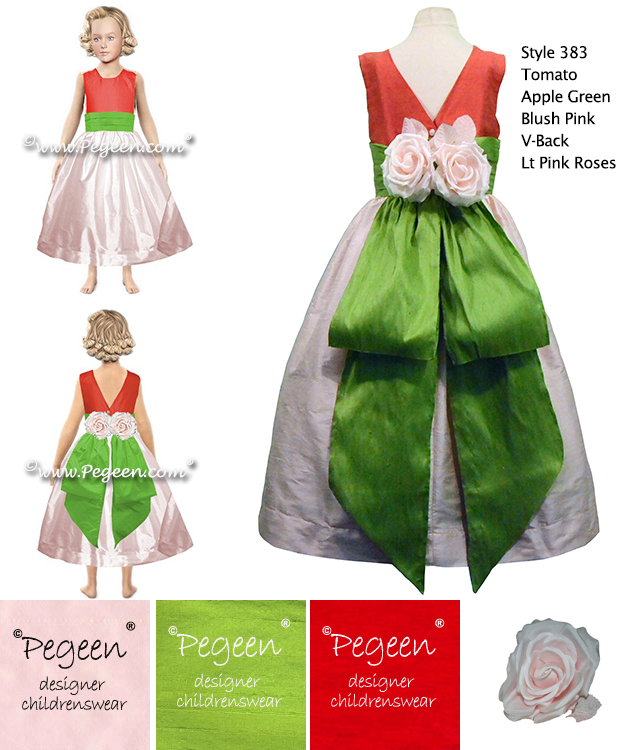 Tomato Red, Apple Green and Light Pink Silk flower girl dresses