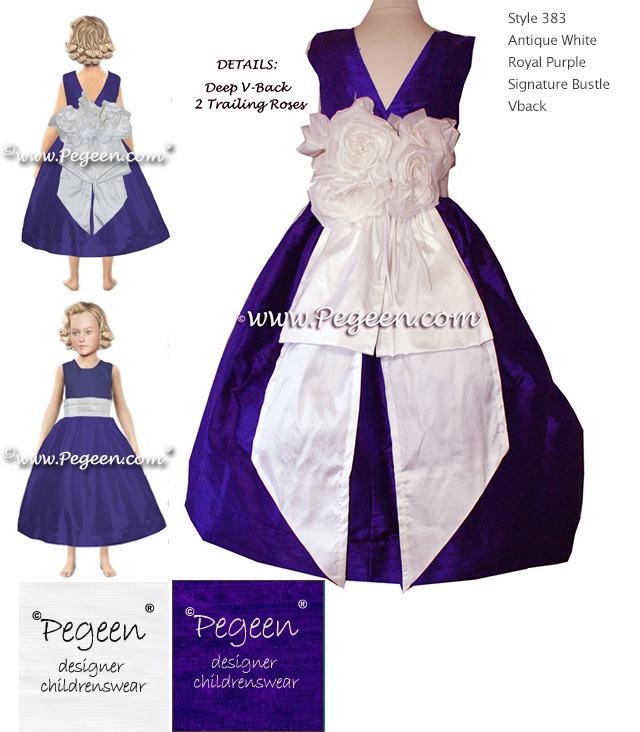 Purple and White Silk Flower Girl Dresses with Pegeen Signature Bustle