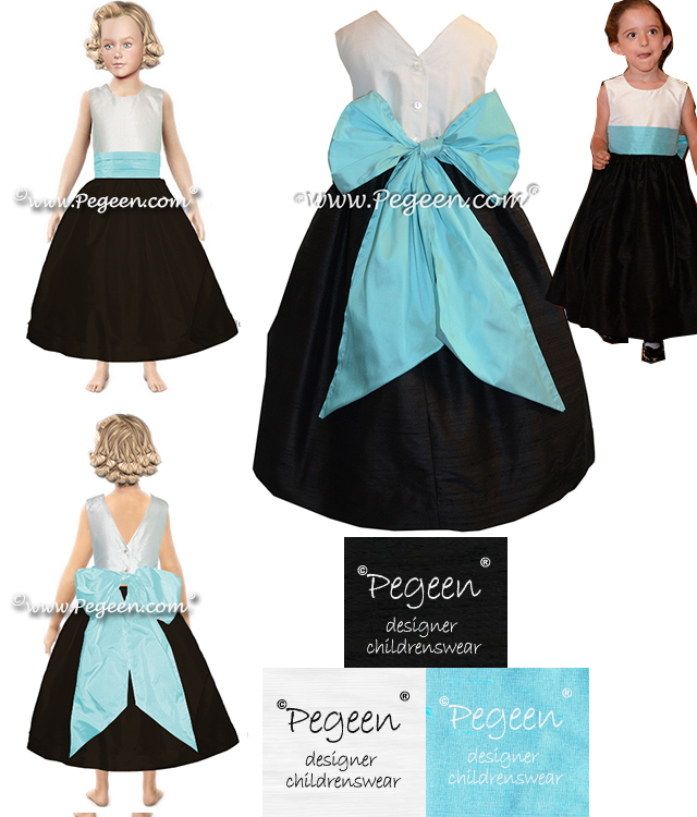 Custom Silk Flower Girl Dress in black, white and aqua blue