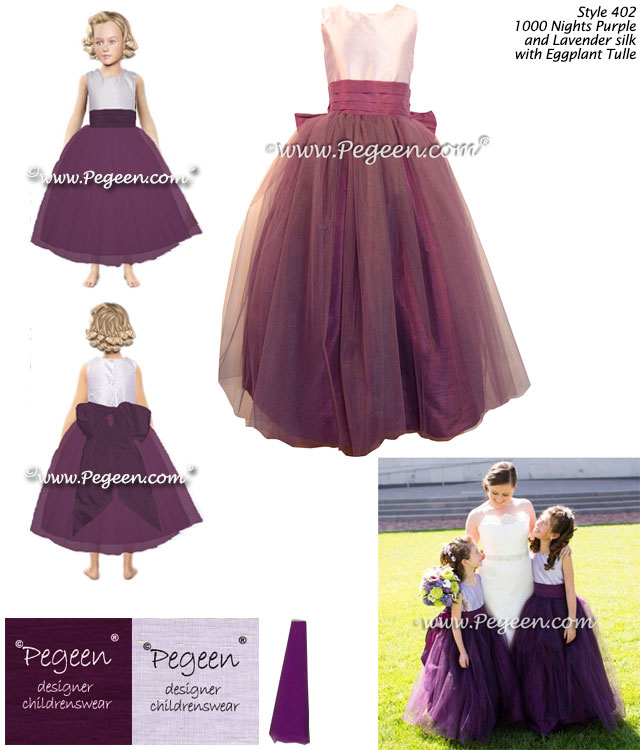  Lavender silk bodice with an eggplant skirt and sash. 