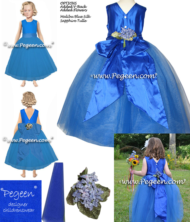 Malibu blue flower girl dresses in silk and tulle