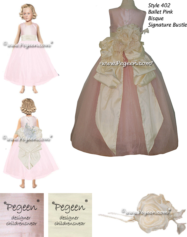 Style 402 Flower Girl Dress in Ballet Pink and Bisque with a Signature Bustle