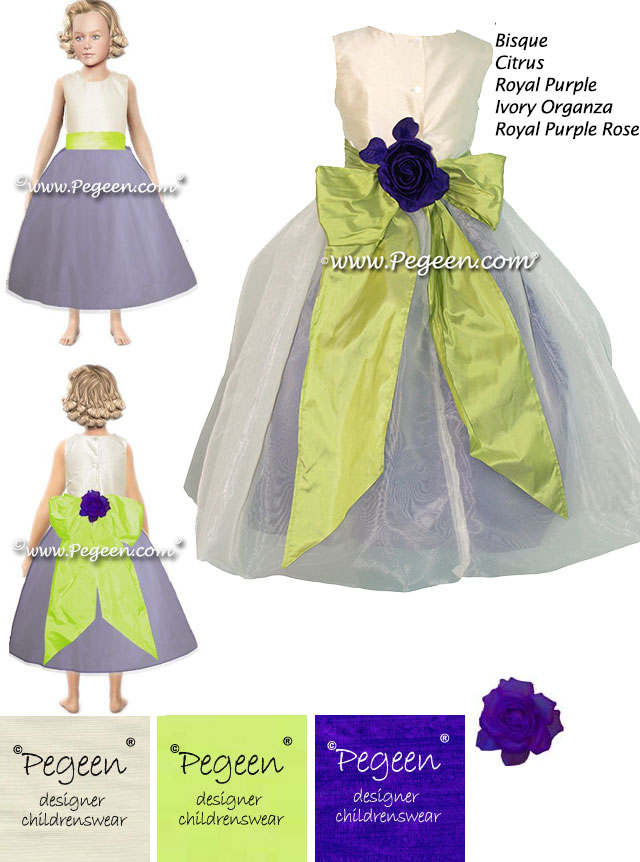 Purple and green flower girl dress made in the Pegeen Dress Dreamer