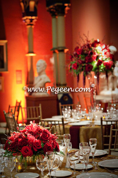 spun gold and claret red theme wedding and flowers