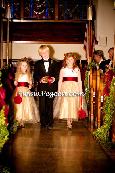 Burgundy, Spun Gold and Bisque flower girl dresses with flowers and gold tulle