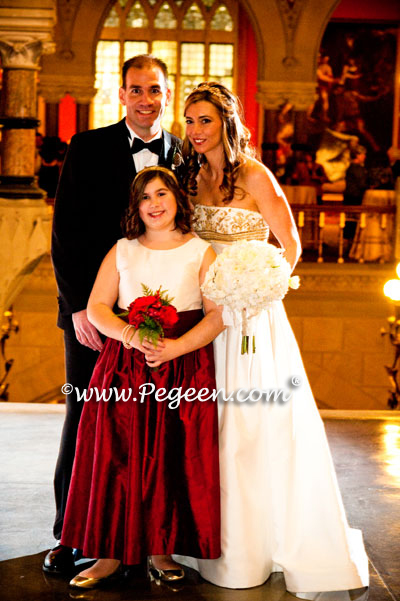 Burgundy, Spun Gold and Bisque flower girl dresses with flowers and gold tulle