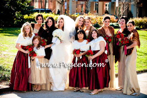 Burgundy, Spun Gold and Bisque flower girl dresses with flowers and gold tulle