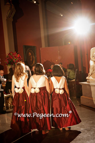 Burgundy, Spun Gold and Bisque flower girl dresses with flowers and gold tulle