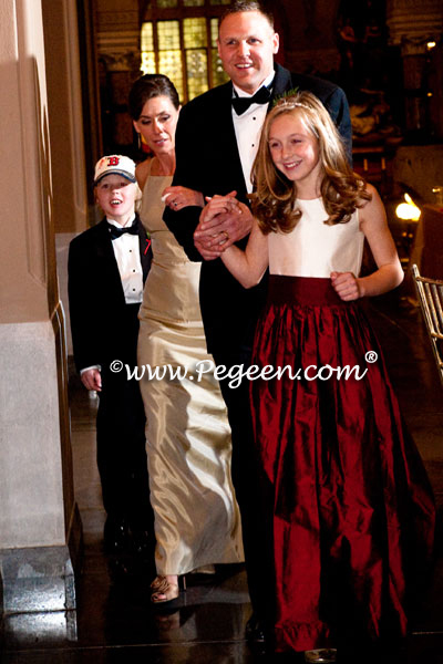 Burgundy, Spun Gold and Bisque flower girl dresses with flowers and gold tulle