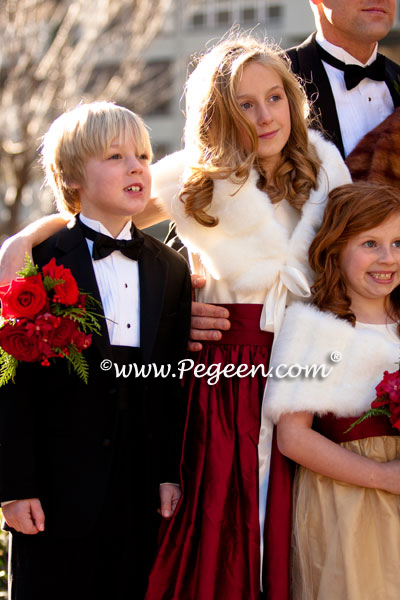 Burgundy, Spun Gold and Bisque flower girl dresses with flowers and gold tulle