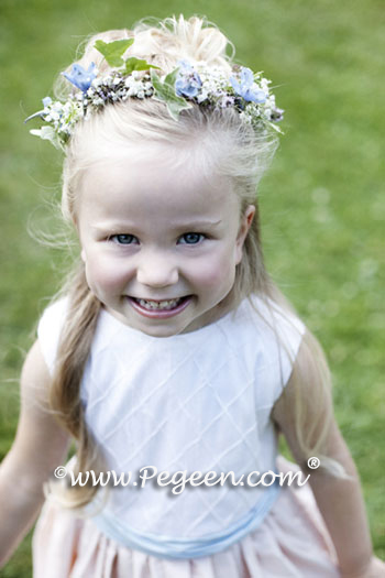 Peach and Blue flower girl dresses with pin tuck silk bodice and back flowers