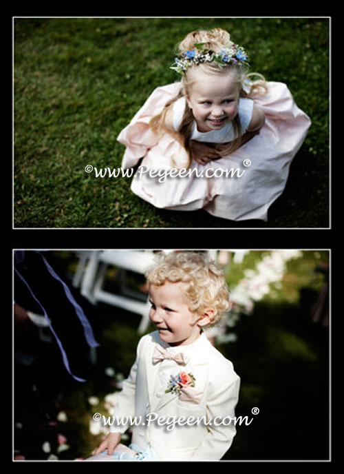 Peach and blue flower girl dresses of the year by Pegeen