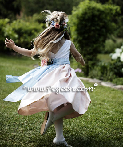 Peach & Blue silk flower girl dresses with trellis top