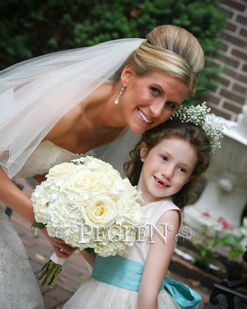 Bisque and Seashore Teal Silk with Tulle Flower Girl Dress