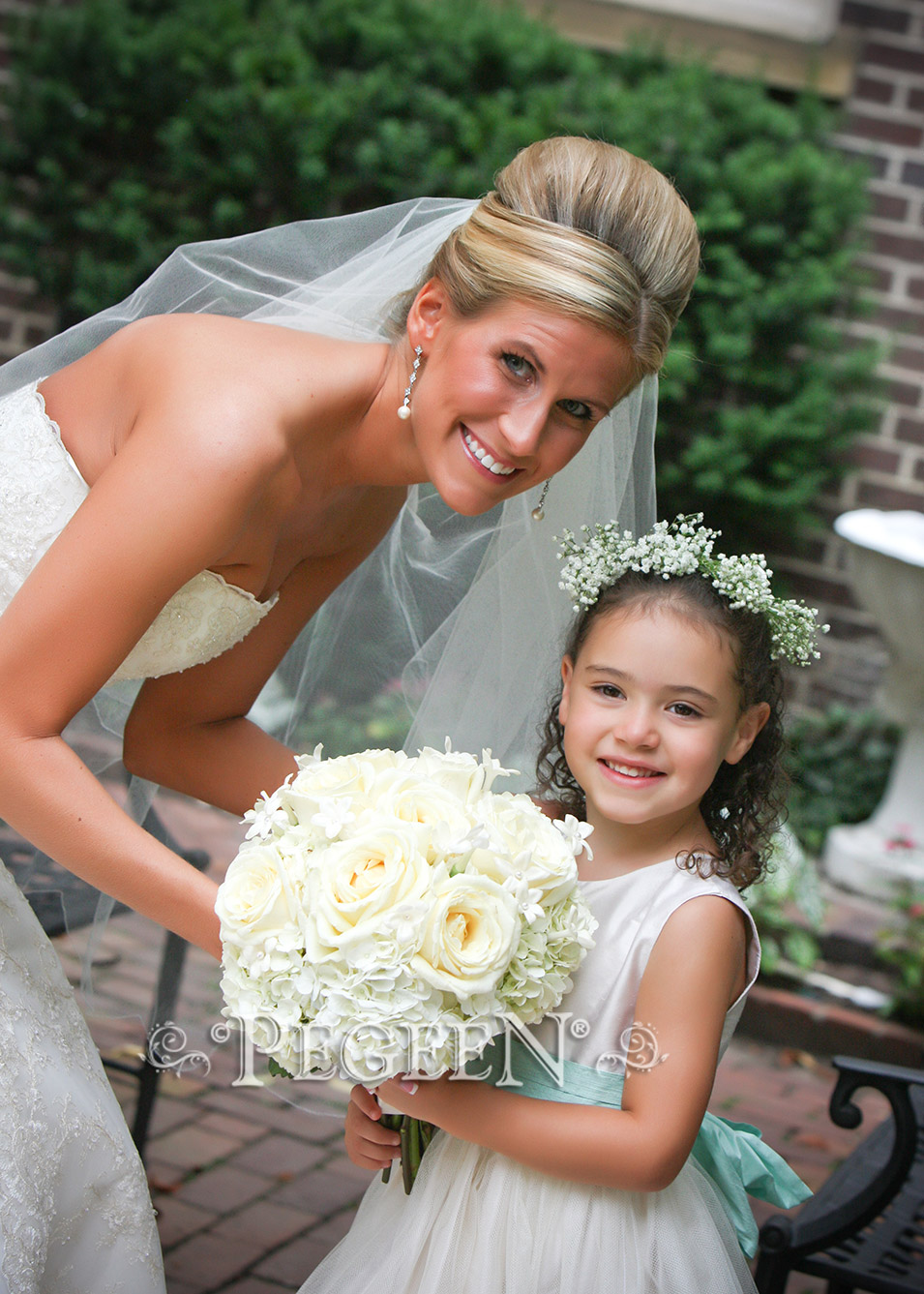 Flower girl dress style 356 in Ivory Bisque and Aqua | Pegeen