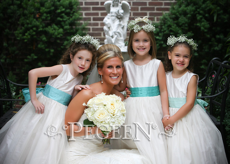 Flower Girl Dresses in Bisque (creme) and Sea Shore (aqua)