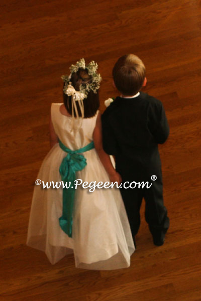New Ivory and Bermuda blue silk and tulle flower girl dress from Pegeen Classics