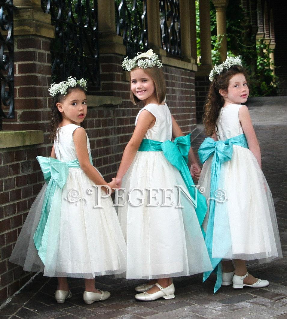 Bisque, Aqualine, Bermuda or Sea Shore tulle flower girl dresses from Pegeen Classics