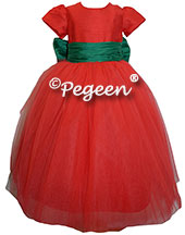 Emerald and RED SILK and RED TULLE holiday ballerina style FLOWER GIRL DRESSES with tulle