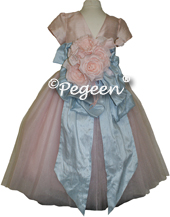 Ballet pink and cloud blue silk and tulle flower girl dress with 1/4 cap sleeves and flowers