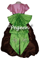 Pink, Brown and Green silk flower girl dress with monogramming from the Pegeen Couture Collection