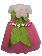 Grass Green and Pink ballerina style FLOWER GIRL DRESSES with layers and layers of tulle