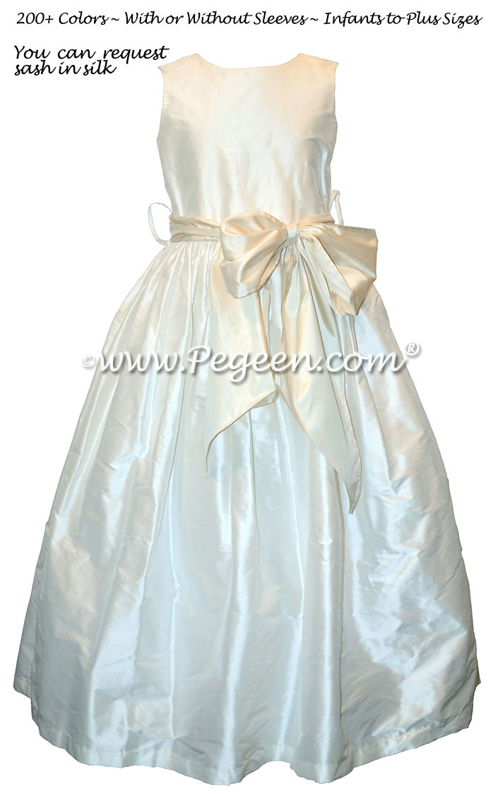 Style 300 Flower Girl Dress in New Ivory and Bisque Silk Sash