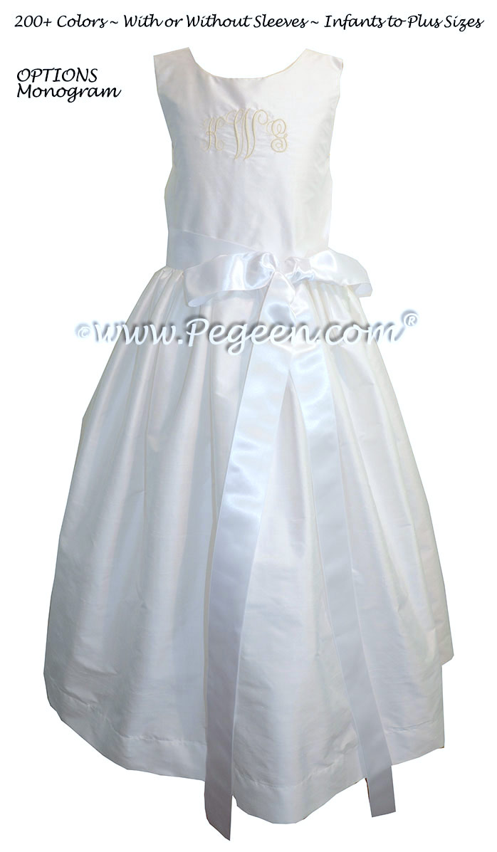 Style 300 Flower Girl Dress in Antique White with Monogramming and a White Ribbon Silk Sash