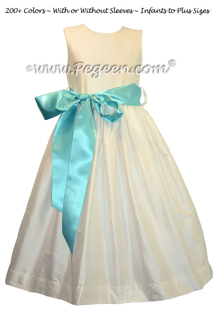 Style 300 Flower Girl Dress in New Ivory and Tiffany Blue Ribbon Silk Sash