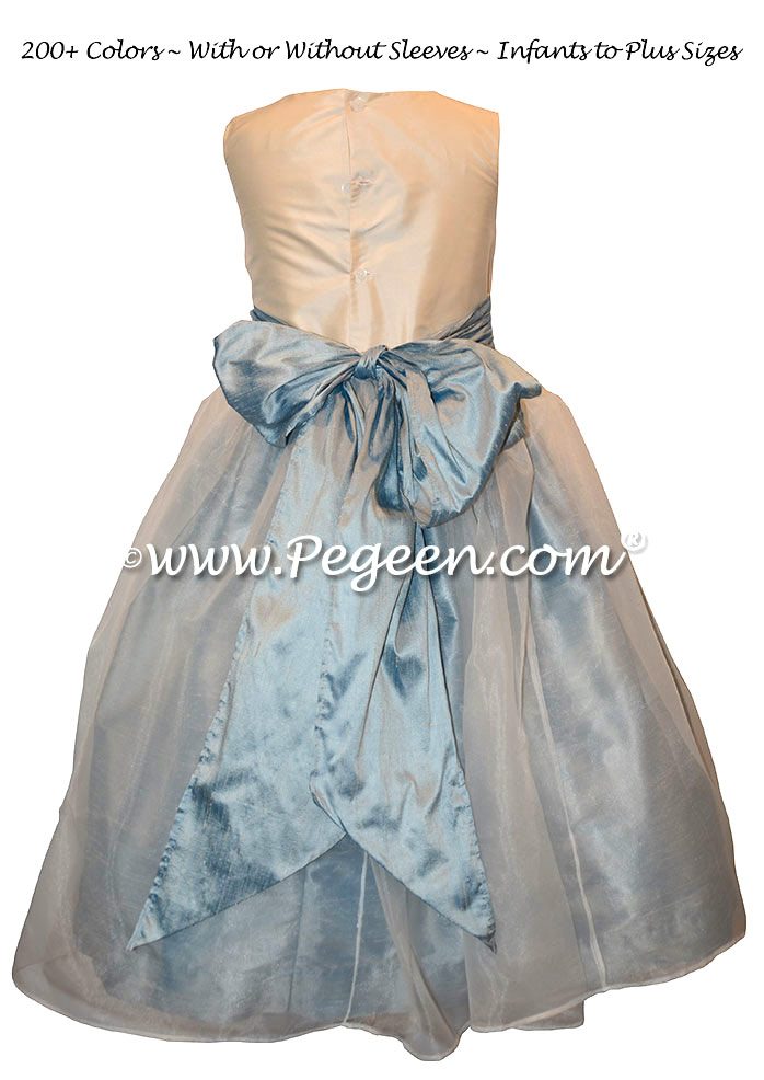 Flower Girl Dresses in Caribbean Sash and Skirt with Antique White Bodice