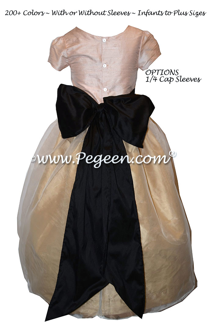 Peach, ballet pink, black silk and spun gold flower girl dresses Style 309