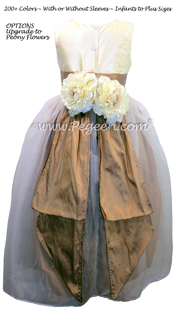 Antiqua Taupe and Bisque Custom Silk Flower Girl Dresses
