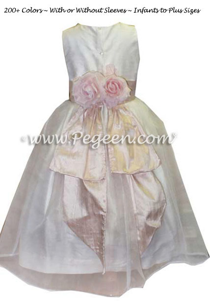 Custom Antique White and Peony Pink Silk Organza Flower Girl Dresses
