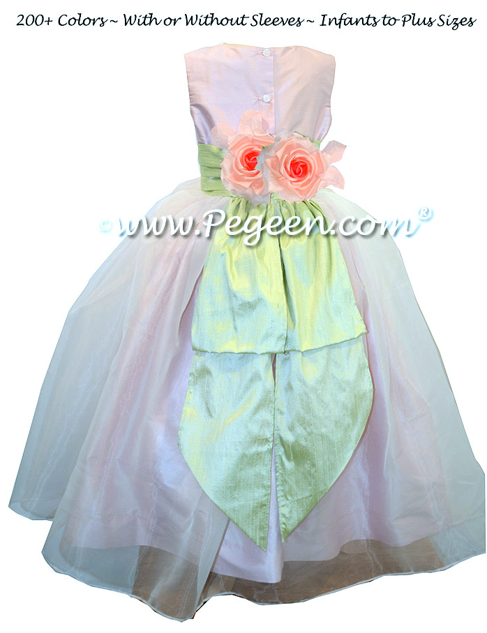 Custom Green and Petal Pink Silk Organza Flower Girl Dresses Style 313