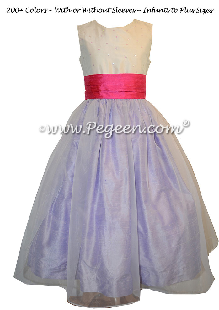 Antique White, Lilac and Shock Pink Flower Girl Dresses style 315