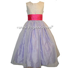 Antique White, Lilac and Shock Pink Flower Girl Dresses With back Flowers