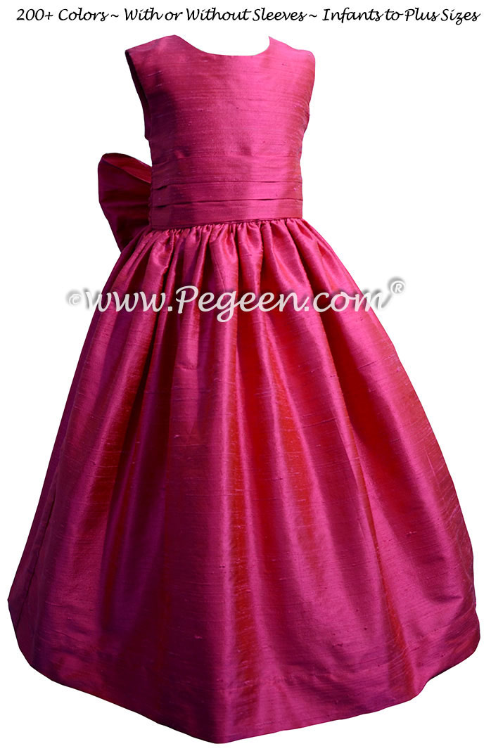 Shock pink silk flower girl dresses with puff sleeves